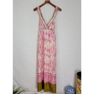 Ann Taylor LOFT Silk Maxi Dress 10 Pink Gold Criss Cross Back V-Neck Lined Beach